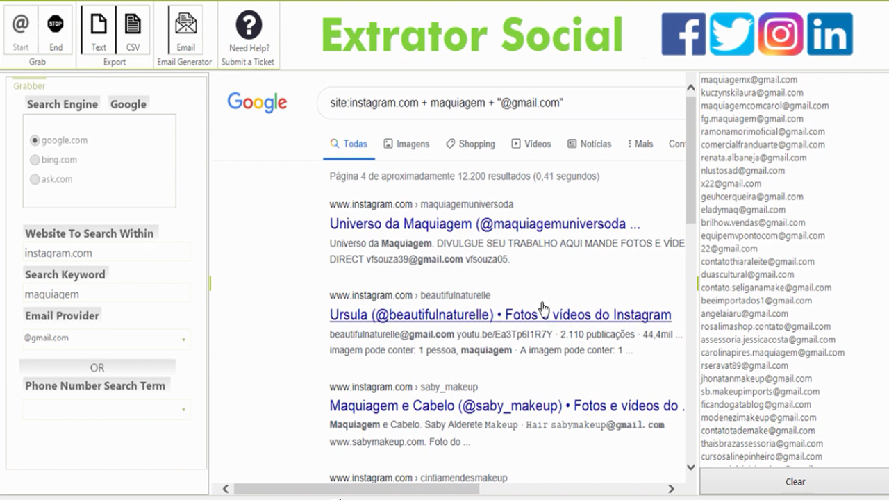 Extrator de Emails de Todas as Redes Sociais FaceBook, Instagram, Twitter e Outros.